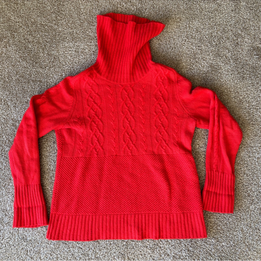 GAP Women’s Medium Bright Red Cable Knit Fisherman Turtleneck Sweater WOOL Thick